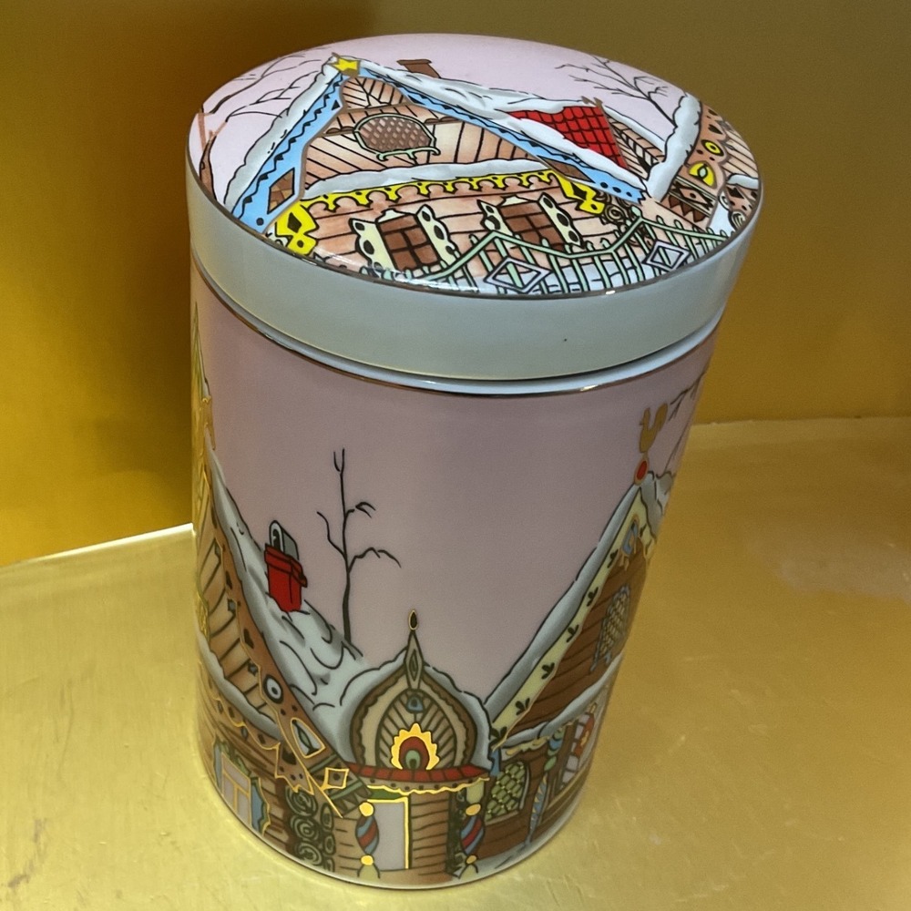 Grace Fine Ceramic Winter Village Canister Pink Snow Cottage Holiday Cookie Jar